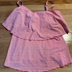 Lands’ End Coral Print Tankini Top | Size M (10-12) | Adjustable Straps | EUC